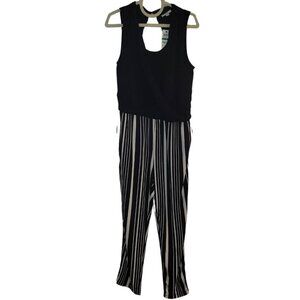 NWT Bar III Draped-Neck Black White Striped Jumpsuit Size Large
